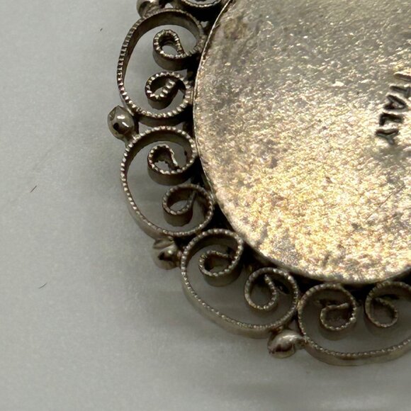 Vintage Italian Micro Mosaic Oval Pendant With Filigree Detailing Floral Design - Picture 10 of 14
